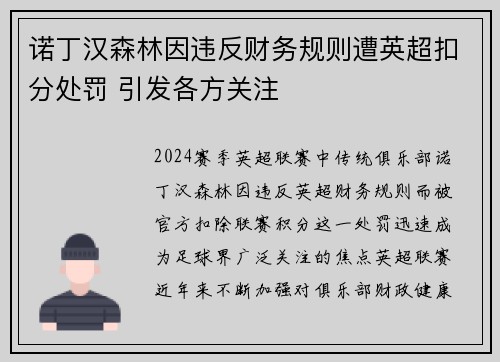 诺丁汉森林因违反财务规则遭英超扣分处罚 引发各方关注 诺丁汉森林因违反财务规则遭英超扣分处罚 引发各方关注